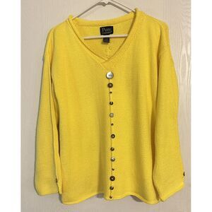 Pure Hand Knit V-neck Long Sleeve Sweater Yellow 100% Cotton Button Accent M / L